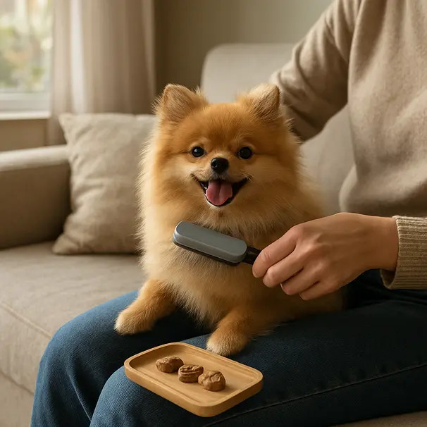 Pomeranian sitting on a person's lap in a sunlit living room while being brushed, relaxed and playful