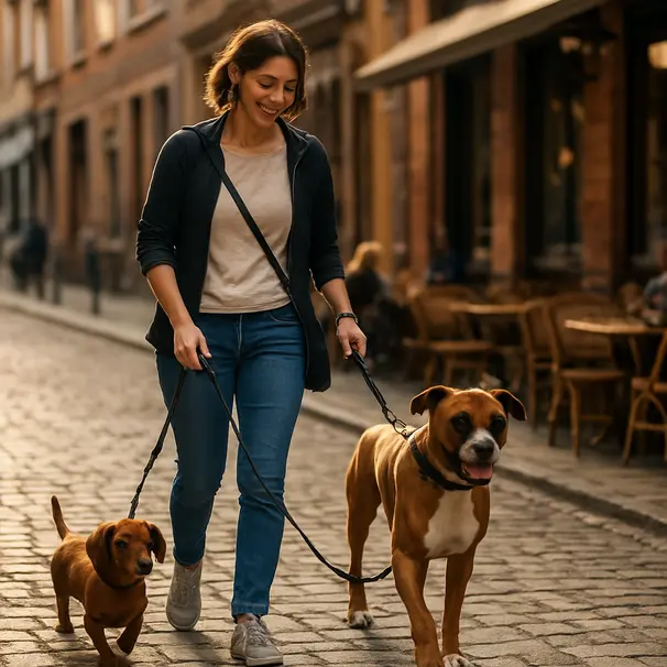 Pet carer walking a Dachshund and a Boxer along a cobbled street with cafés and late-afternoon sunlight