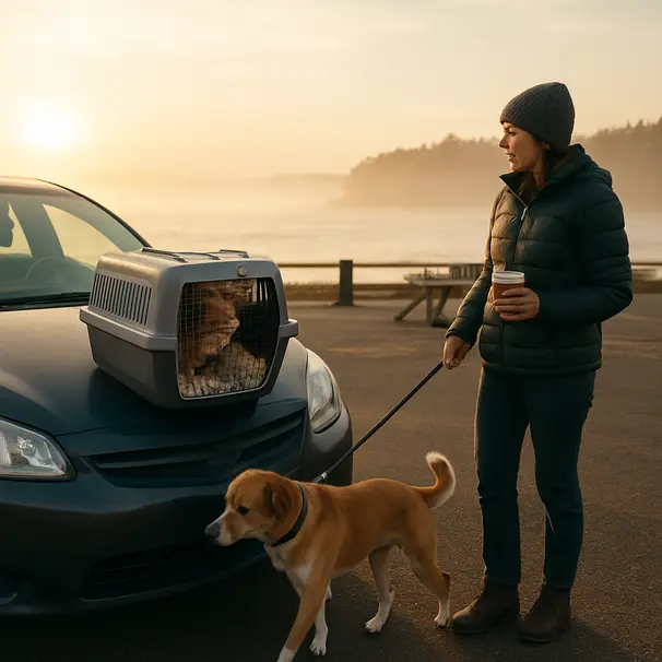 Morgendliche Pause am Meer, Hund an der Leine läuft, Katze sicher in Transportbox auf Autokofferraum, pet carer beobachtet