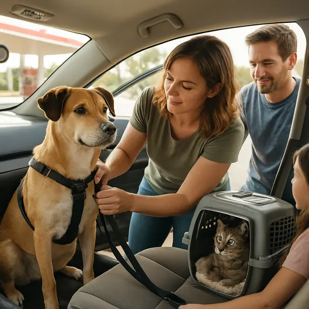 Familie bereitet Auto vor, Hund gesichert mit Gurtsystem, Katze in Transportbox, Pet carer überprüft Gurte