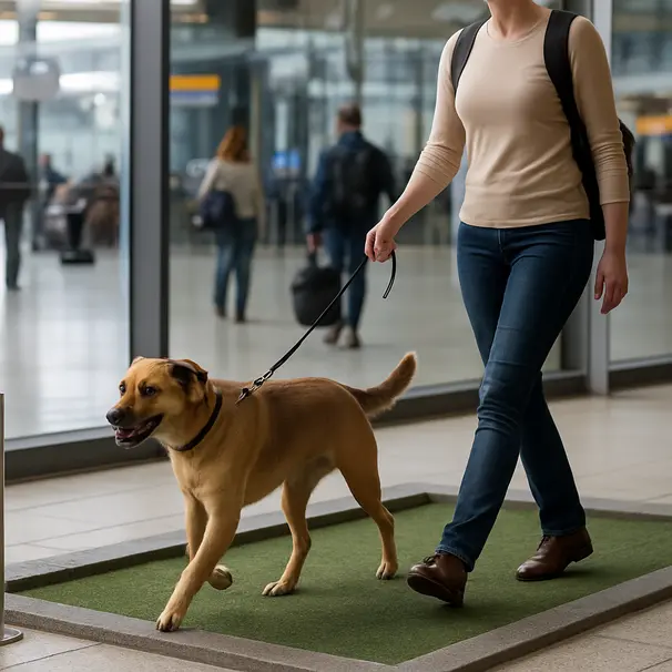Mixed-breed dog on a leash being walked in an airport pet relief area by a traveler during a layover.
