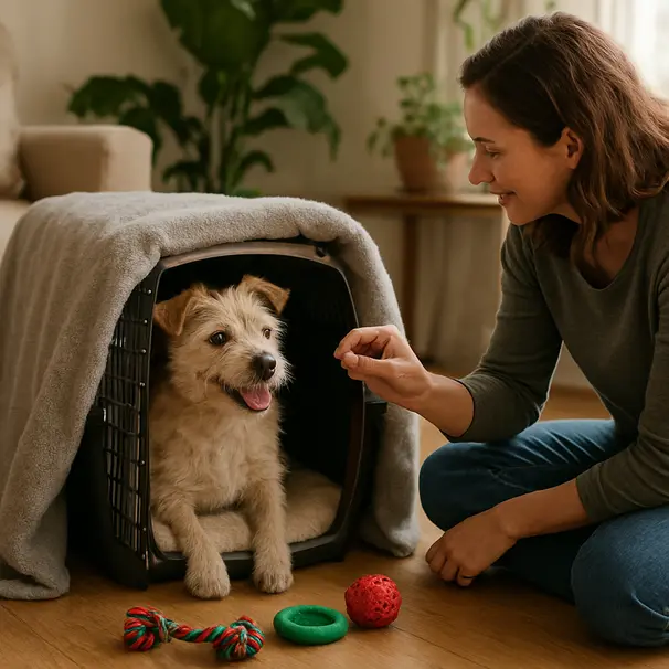 Small terrier entering a sturdy travel crate at home while owner rewards it with a treat during crate training.