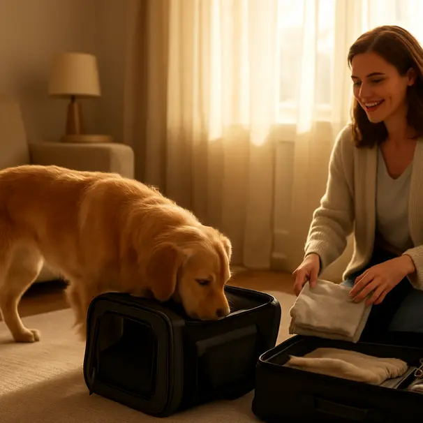 Golden retriever sniffing an airline-approved soft-sided carrier in a sunny living room while owner packs travel items nearby.