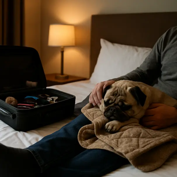Small pug snuggling on a travel blanket in a hotel room with owner, showing post-flight relaxation.