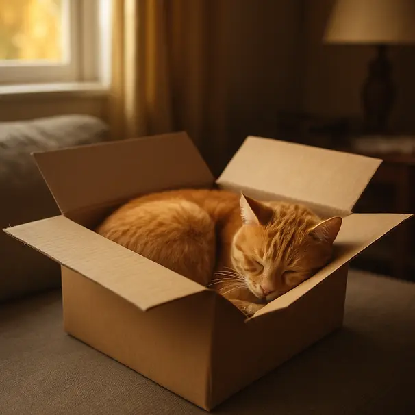 Orange tabby cat curled up inside a cardboard box on a sofa, sunlit living room, relaxed pose