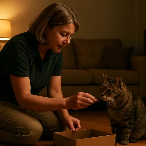 Pet carer placing a treat near a shallow cardboard box while an older tabby cat watches, warm evening home setting