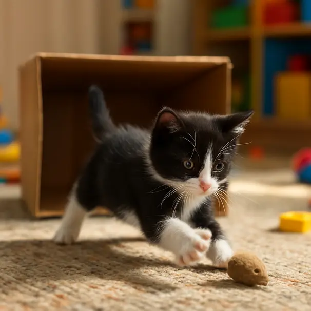 Playful black-and-white kitten interacting with a toy next to a toppled cardboard box in a bright playroom