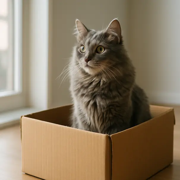 Grey long-haired cat peeking out of a tall cardboard box near a window, looking alert