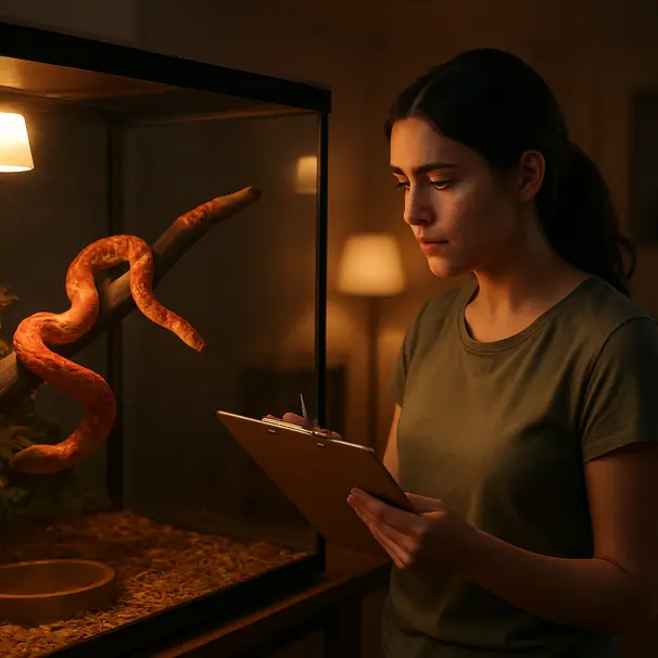 Pet carer checking a corn snake enclosure at dusk with a clipboard, snake coiled on branch under warm lamp light
