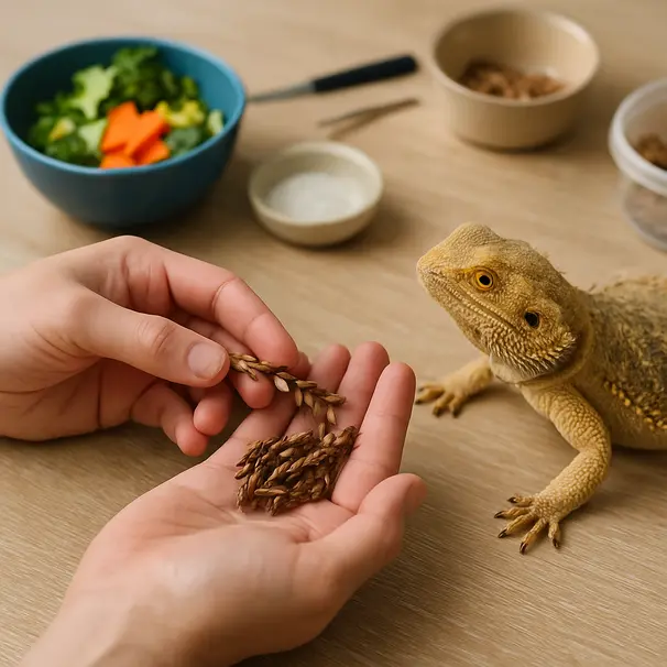Hands offering gut-loaded crickets to a bearded dragon with feeding tongs, vegetables and calcium powder on table