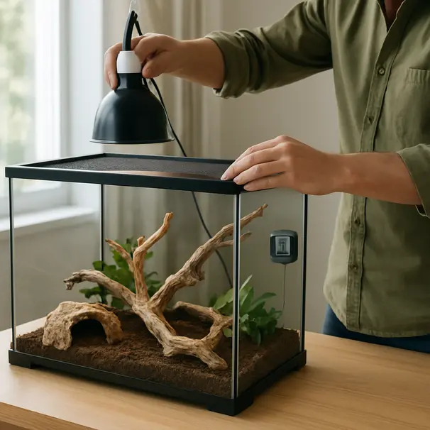 Person installing heat lamp and UVB light inside a mid-size terrarium, arranging hides and branches with thermometer visible