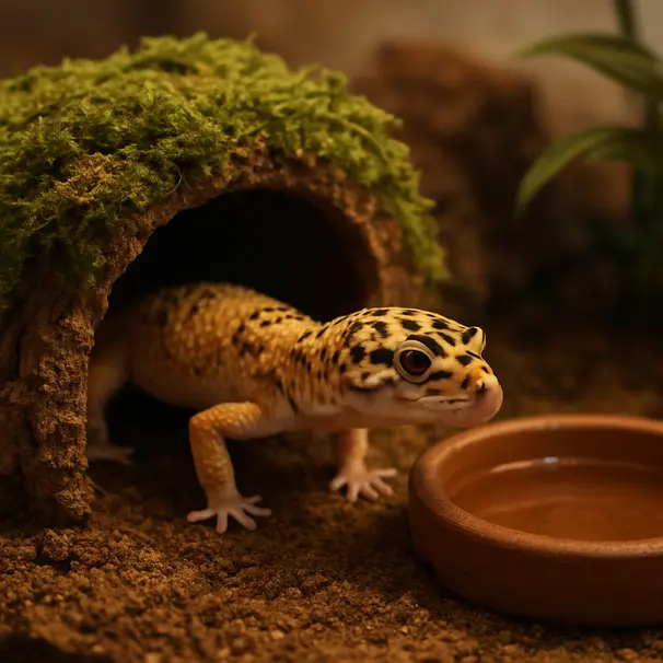 Leopard gecko inside a terrarium exploring a moss-lined hide next to a water dish, cork bark and live plant visible