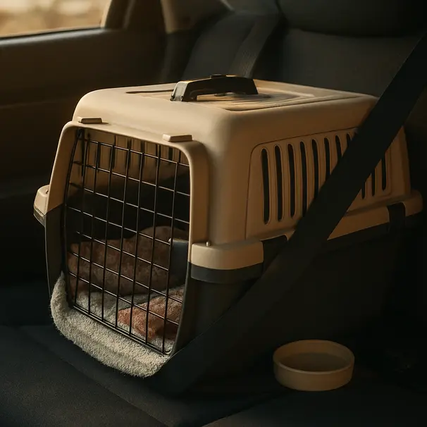 Reptile travel carrier lined with towel and supplies secured on a car backseat with visible ventilation and seatbelt
