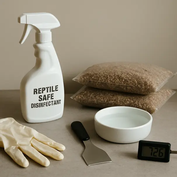 Reptile-care cleaning supplies including disinfectant, gloves, scraper, replacement substrate and thermometer on a countertop