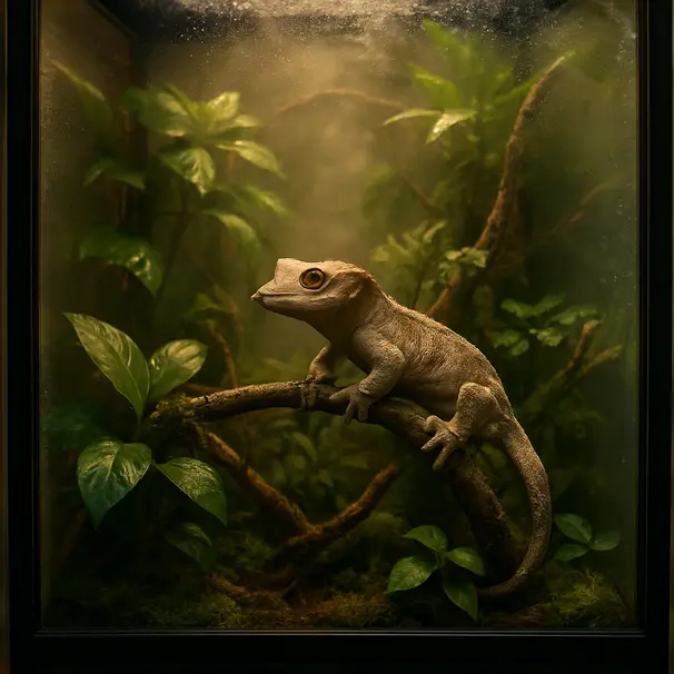 Tall tropical vivarium with live plants, branches, moss, misting system and dew on the glass, designed for arboreal geckos