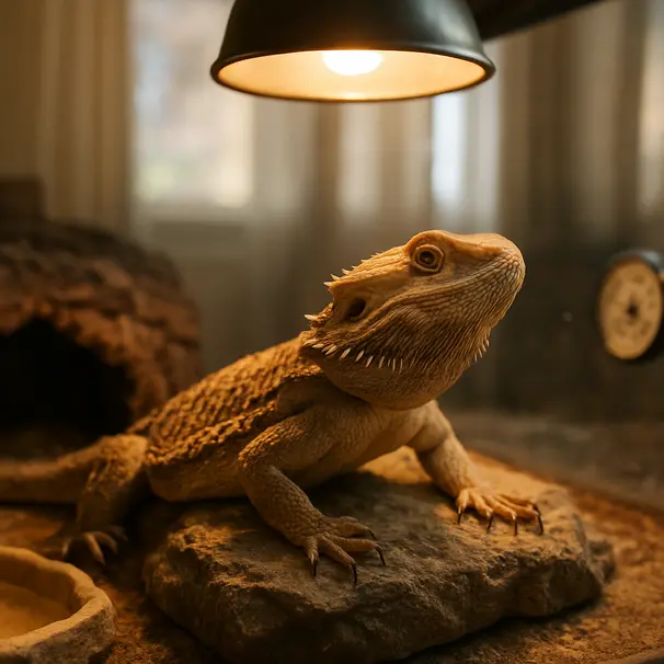 Bearded dragon basking on a rock under a heat lamp inside a glass terrarium with visible thermometer and decor
