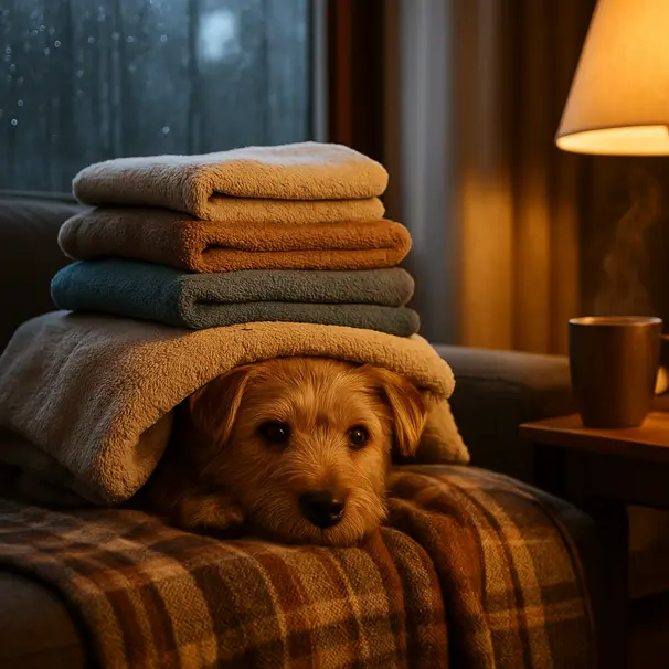 Small terrier partially hidden under towels on a sofa beside a rain-speckled window in the evening, warm lamp light