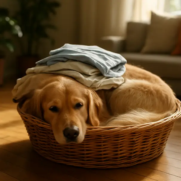 Golden retriever curled inside a wicker laundry basket under fresh shirts in warm afternoon sunlight in a cozy living room
