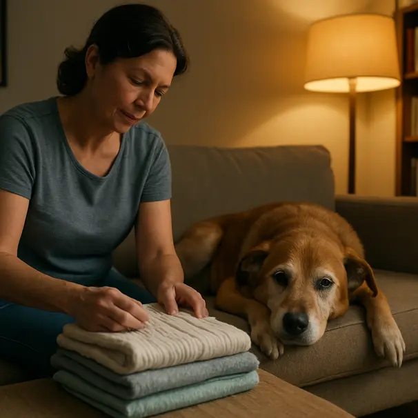 Pet carer folding clothes on a couch with a senior mixed-breed dog resting its head on a sweater nearby in a cozy living room