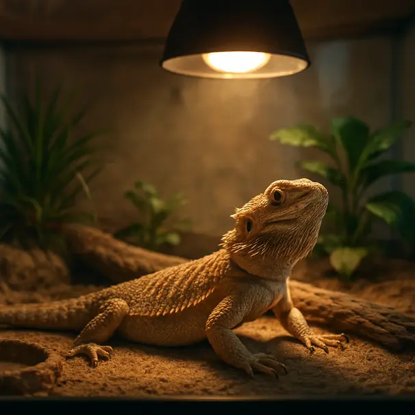 Nærbilde av en innendørs terrarium med en skjeggete firfisle under varmelampe, planter og trygge skjul i et lyst rom