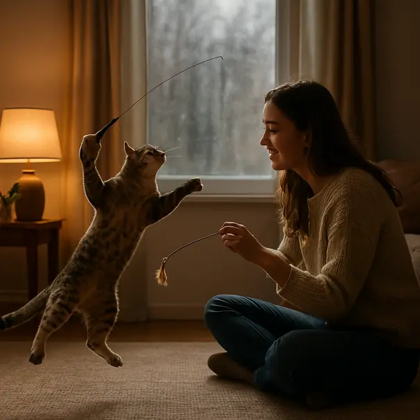 Pet carer che gioca con un gatto in soggiorno mentre fuori piove, gioco interattivo in azione