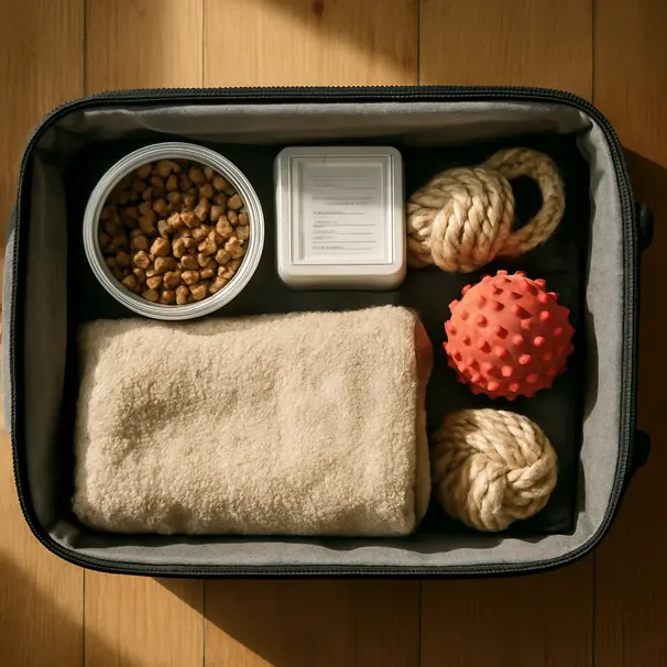 Borsa per il viaggio del pet con cibo, medicine, coperta e giocattoli, vista dall'alto