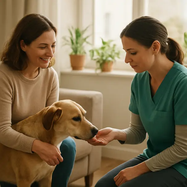 Incontro tra pet carer e proprietario in soggiorno, cane che annusa la mano del carer