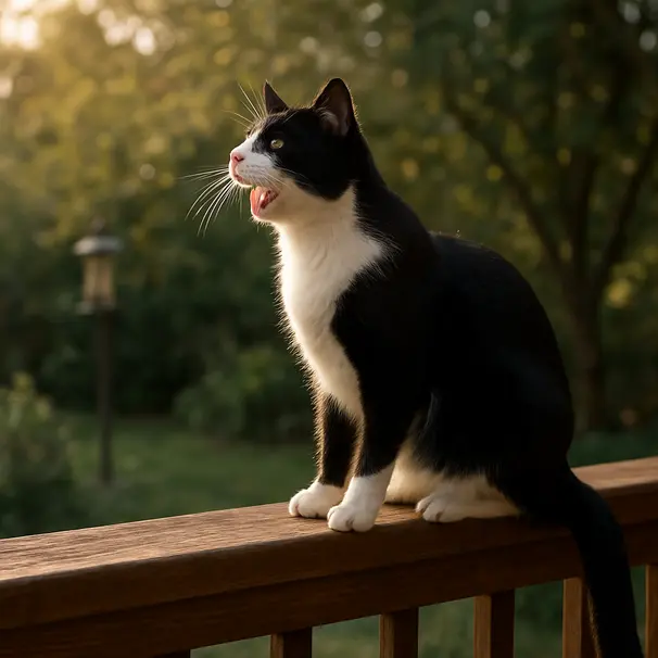 Black-and-white cat on a porch railing trilling toward birds in a leafy backyard