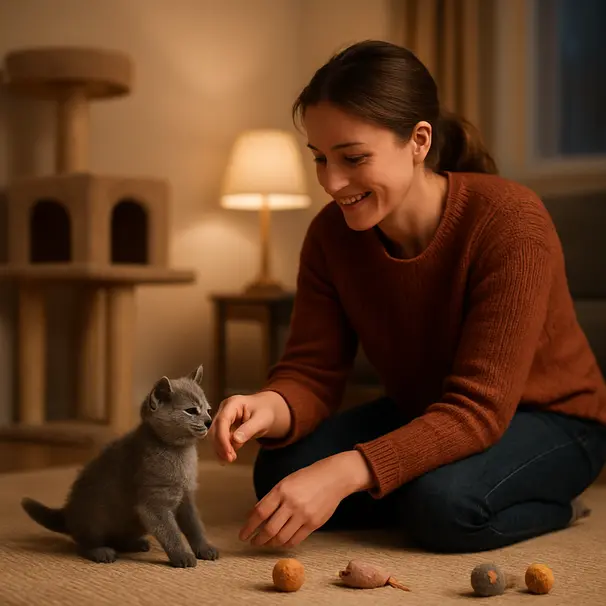 Pet carer kneeling on a rug responding to a grey kitten trilling and nudging their hand