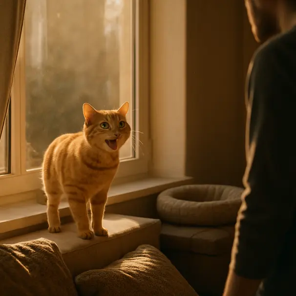 Ginger tabby on a windowsill trilling at owner in a sunlit living room