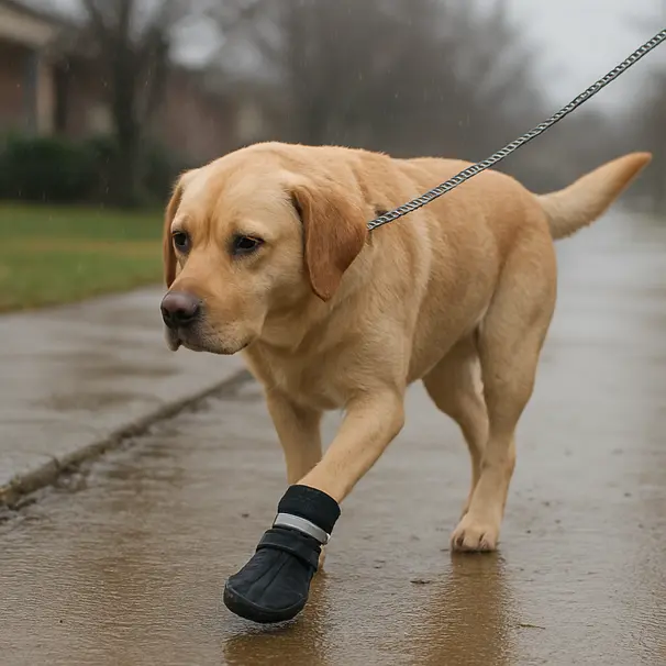 Labrador walking on a wet sidewalk wearing a waterproof boot on one front paw, leash visible, overcast lighting.