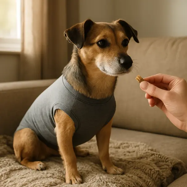 Small mixed-breed dog on a sofa wearing a recovery suit, owner offering a treat, warm indoor light.