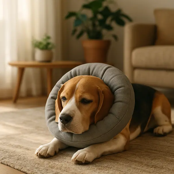 Beagle dog indoors on a rug wearing a soft padded collar, sunlight through curtains, relaxed and resting.