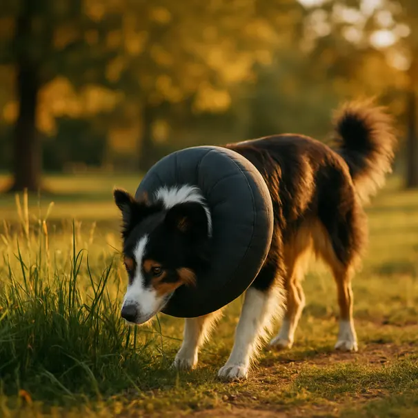 Border collie in a park at golden hour wearing an inflatable collar, sniffing grass, trees blurred in background.