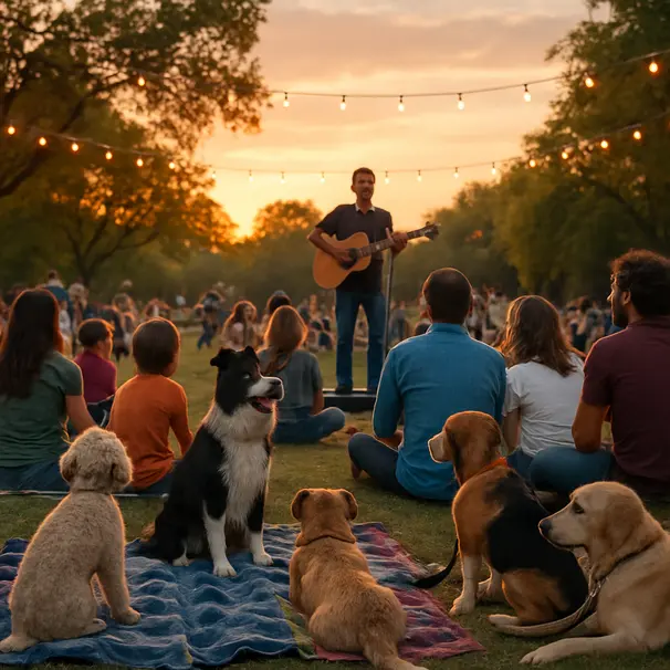 Grupo de personas sentadas en el césped durante un concierto al atardecer con perros con correa y mantas