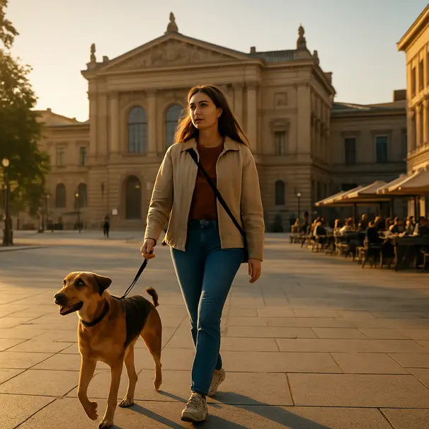 Persona paseando a un perro por una plaza urbana al amanecer, con edificios culturales y gente de fondo