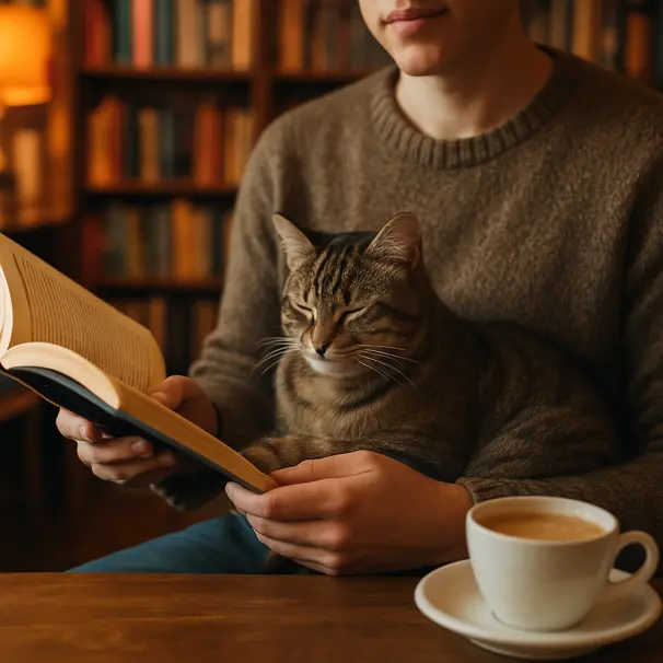 Persona leyendo en una cafetería-librería junto a un gato en sus piernas, estanterías y luz cálida