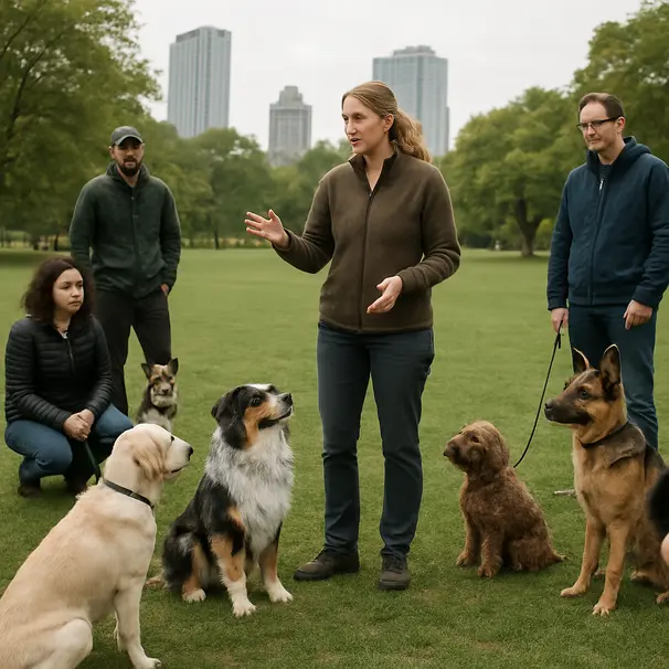 Instructor de perros guiando una clase de socialización en parque urbano con varios perros interactuando, personas observando