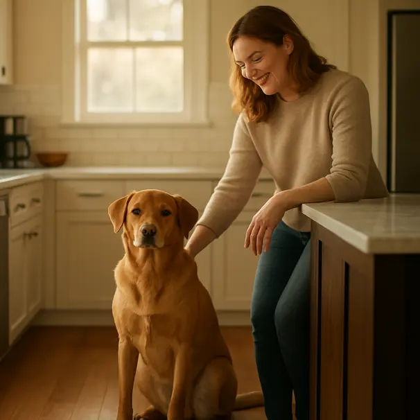 A Labrador-mix dog sitting beside a kitchen island as a pet owner gently prevents it from reaching the counter, sunlit kitchen interior