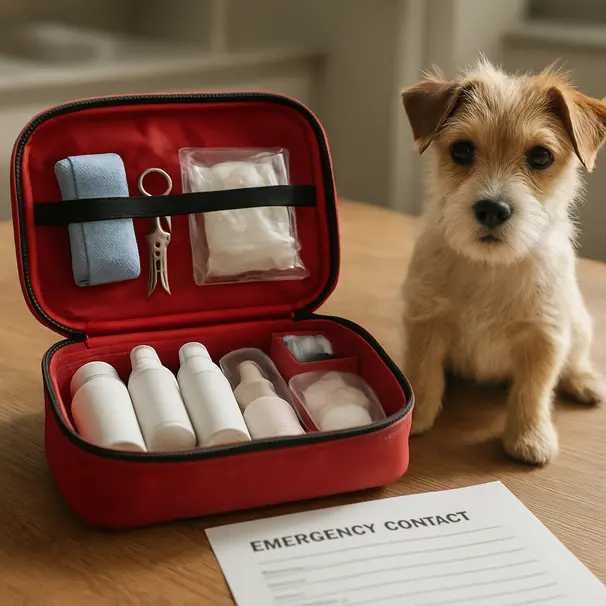 Open pet first aid kit on a kitchen table with an emergency contact sheet and a small Terrier sitting beside, morning light illuminating supplies
