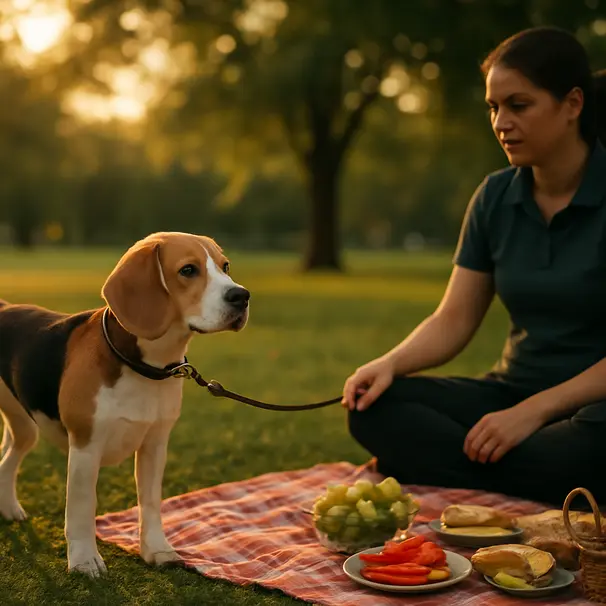 Beagle on a leash at a park picnic watching food on a blanket while a pet carer observes, trees and warm light in background