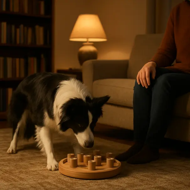 Border Collie solving a puzzle feeder in a living room with a pet sitter watching, warm lamp light and homey background