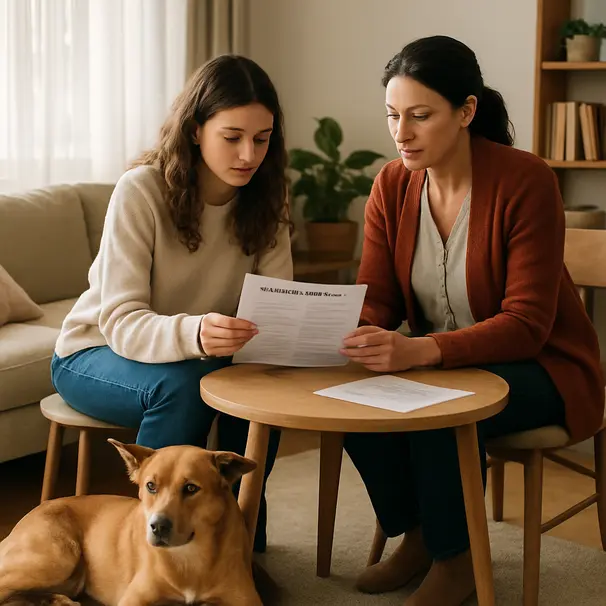 Pet owner and carer sitting at a table with an emergency plan while a calm dog lies on the rug in a sunny living room