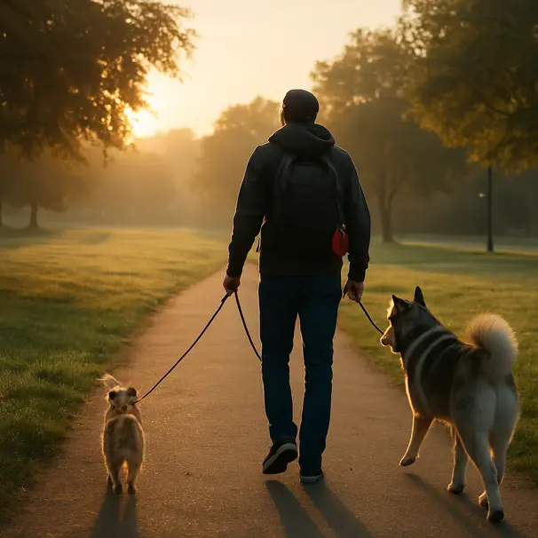 Pet carer walking two different-breed dogs in a sunrise park, carrying a backpack and collapsible water bowl