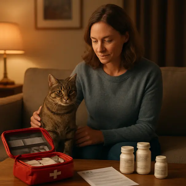Pet carer on a couch with a cat, an open emergency kit and labeled medication bottles on the coffee table under soft lamp light