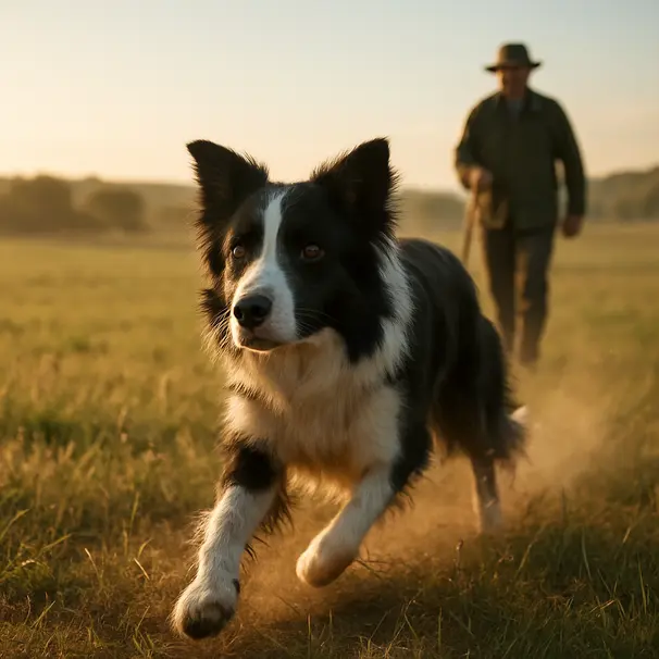Border Collie herding sheep in a sunny meadow, focused and mid-stride with shepherd in background