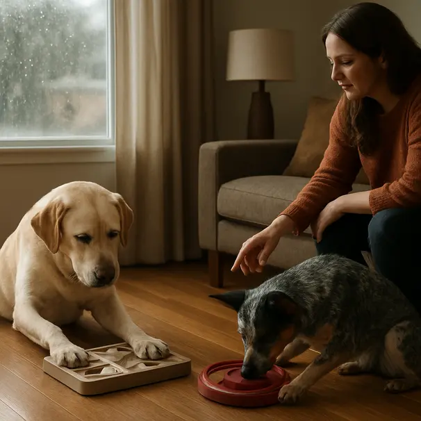 Labrador and Australian Cattle Dog working on puzzle feeders indoors on a rainy afternoon, owner nearby