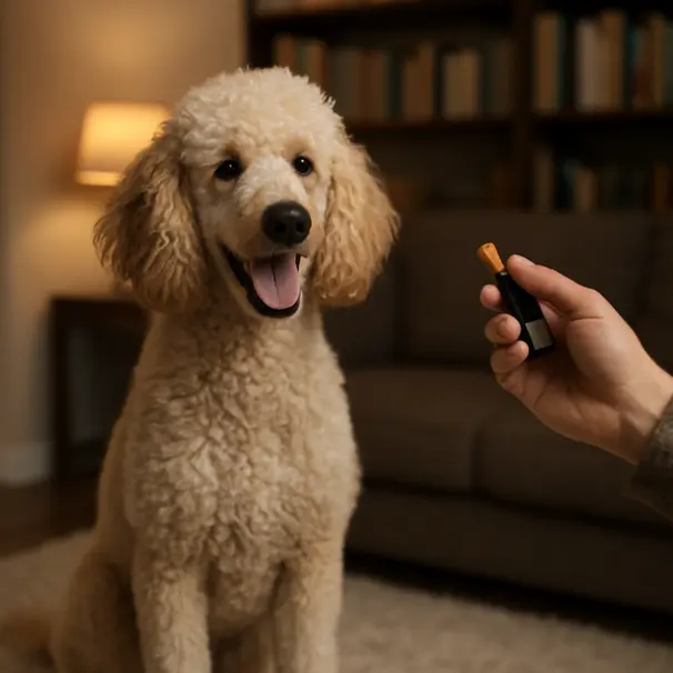 Standard Poodle in a living room learning a trick from its owner, clicker training session
