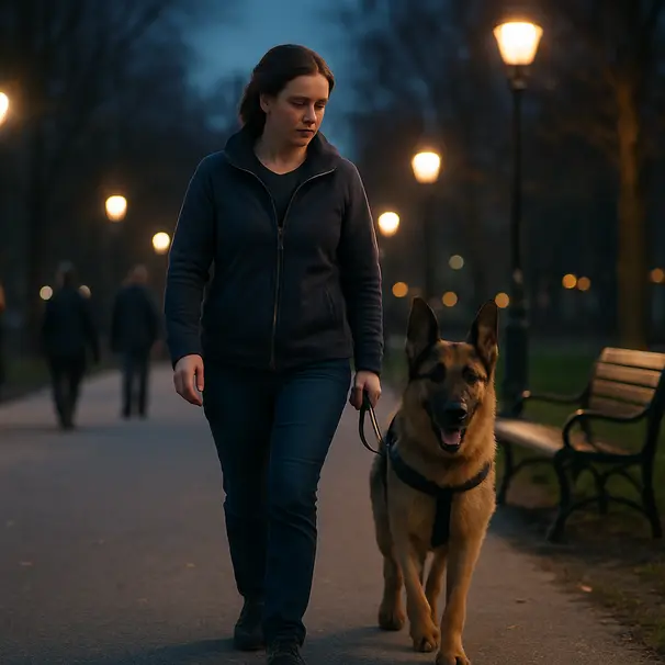 German Shepherd walking alongside a pet carer on a city park path at dusk, calm and attentive