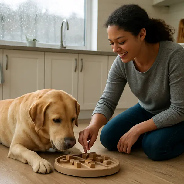 Pet carer engaging a Labrador with a puzzle feeder in a kitchen during a rainy day, window with raindrops visible
